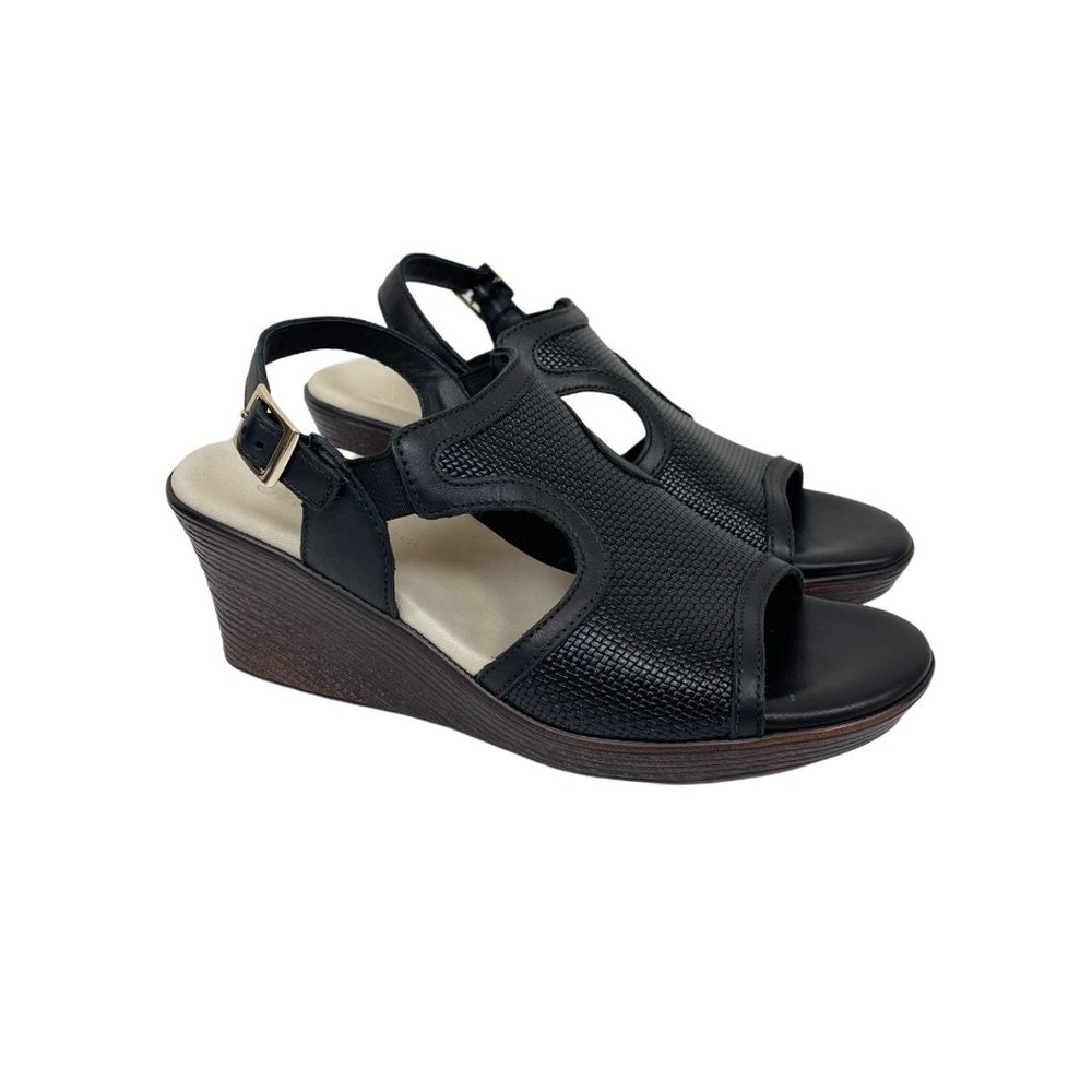SAS Rosa Black Woven Leather Wedge Open Toe Slingback Sandals Shoes Womens 8.5